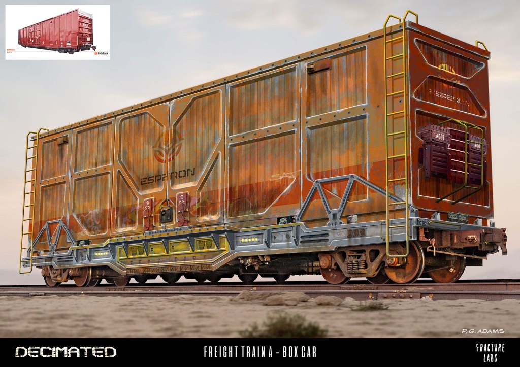 A detailed illustration of a weathered freight train boxcar with an industrial design, featuring a rusted orange exterior and various mechanical elements.