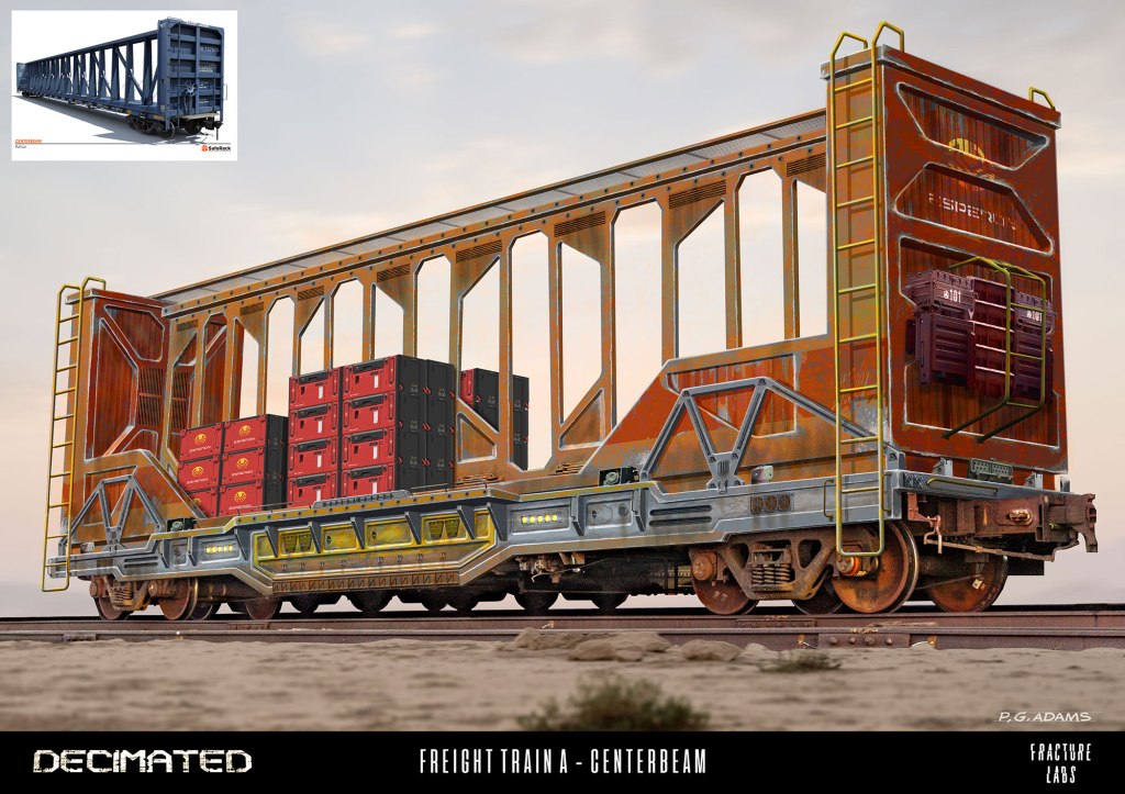 A detailed illustration of a freight train centerbeam car, showcasing various stacked cargo boxes in vibrant colors against a scenic background.