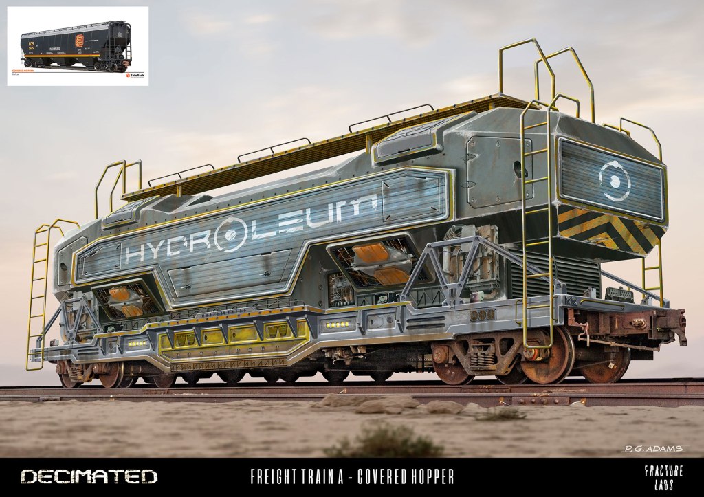 A futuristic covered hopper freight train car with the label 'HYDRO LEVIT' on its side, featuring a metallic design and a unique angular structure, positioned on train tracks in a desolate landscape.