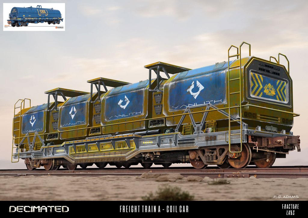 A detailed rendering of a futuristic coil car freight train with a distinct yellow and blue color scheme, featuring branding and caution symbols. The train is positioned on tracks with a desert landscape in the background.