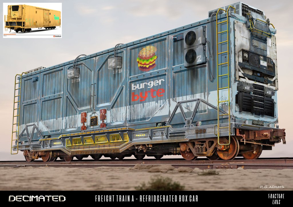 A detailed illustration of a refrigerated freight train box car, featuring a weathered blue exterior with a burger-themed logo and various mechanical components. The car is positioned on railway tracks against a desert backdrop.