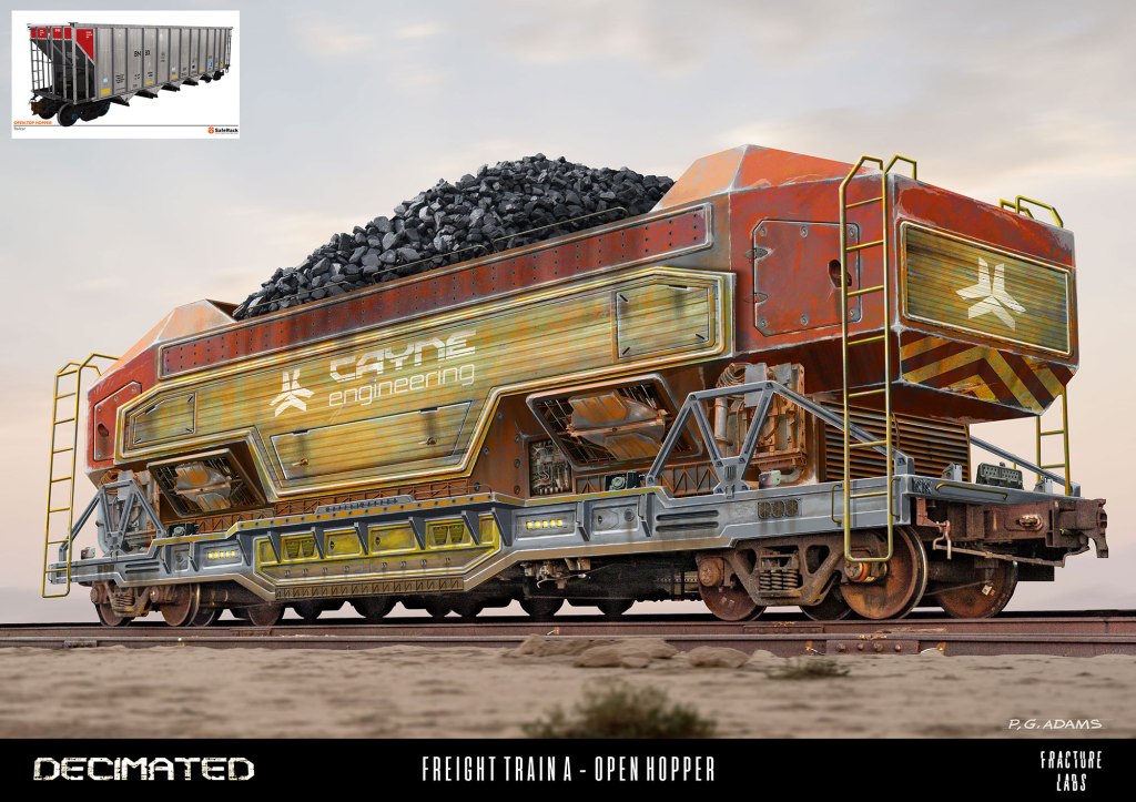 A detailed illustration of a freight train open hopper filled with coal, showcasing the design by Cayne Engineering, set against a desert landscape.