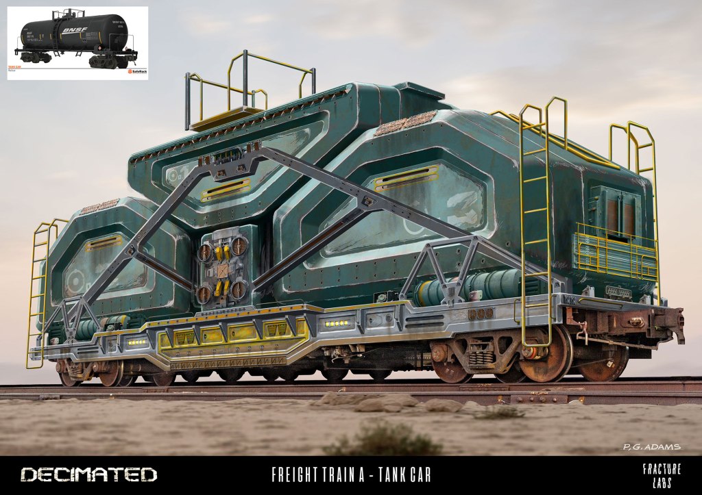 A futuristic tank car freight train designed with a sleek green body, featuring metallic accents and safety ladders. The setting appears to be a desert landscape with train tracks visible.