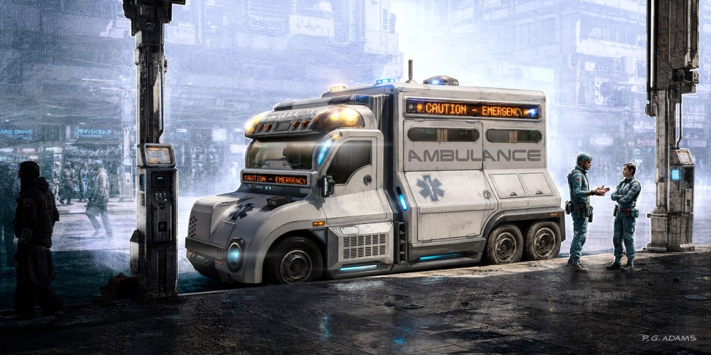 Futuristic ambulance vehicle on a busy urban street, with emergency lights and a 'Caution - Emergency' sign, while two paramedics converse nearby.