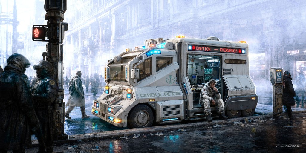A futuristic ambulance parked on a snowy street, with a medical personnel seated outside. The vehicle features bright emergency lights and a high-tech design, set against a backdrop of a bustling, cold urban environment.