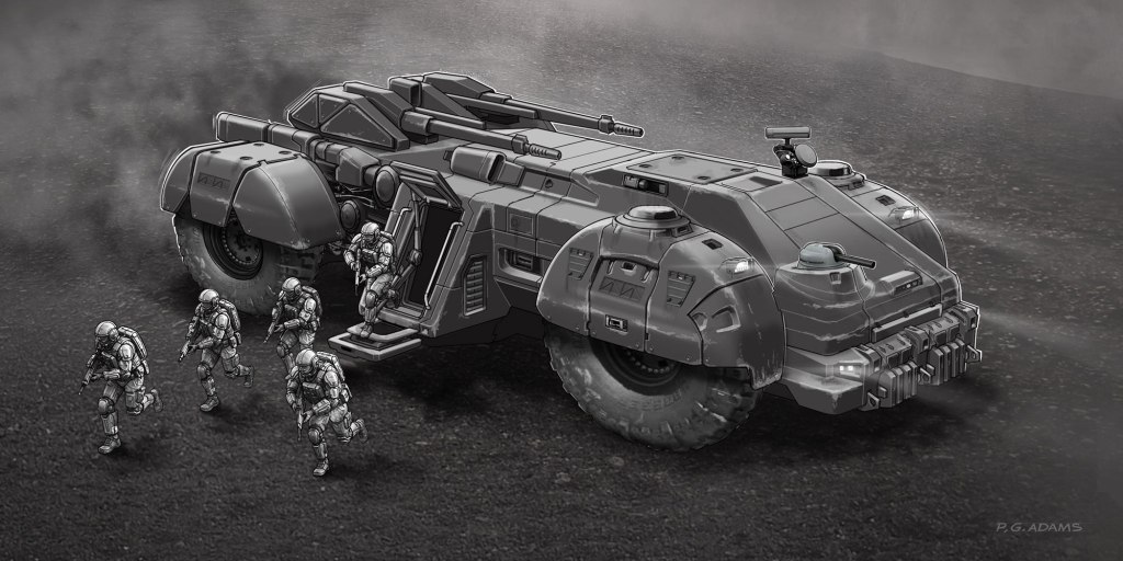 A sci-fi scene featuring a large armored vehicle with advanced features, surrounded by four futuristic soldiers in combat gear walking towards it on a dusty terrain.