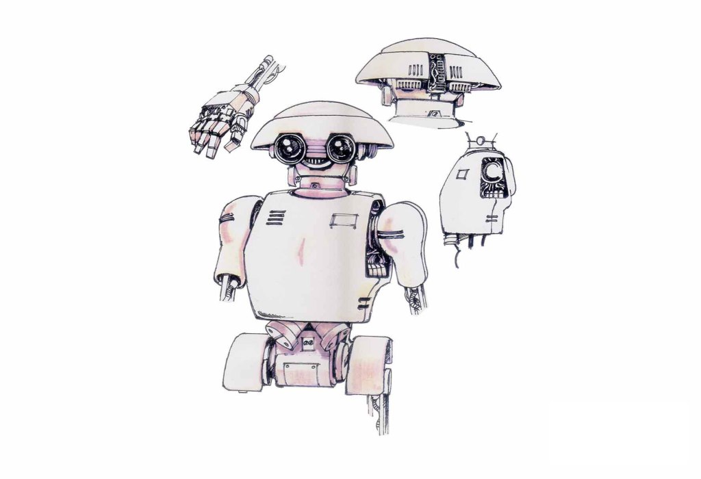 Illustration of a robotic character showcasing different views and features, including a detailed front, side, and back perspective.