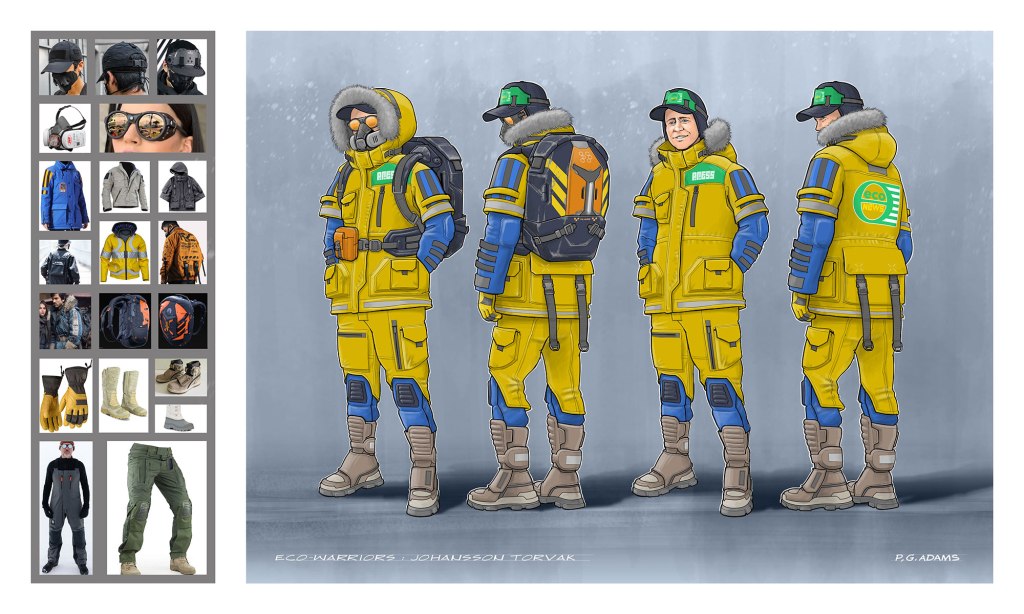 Illustration of three cartoon characters wearing bright yellow winter jackets with fur-lined hoods, showcasing front and back views. They are equipped with various accessories like gloves, backpacks, and headgear, set against a muted gray background.