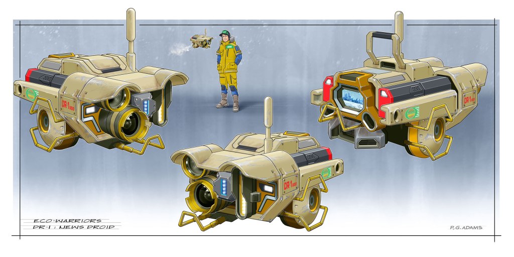 Illustration of a futuristic news droid named DR-1, showcasing front, back, and side views. A figure in a yellow and blue outfit stands beside the droid, highlighting its design and features.