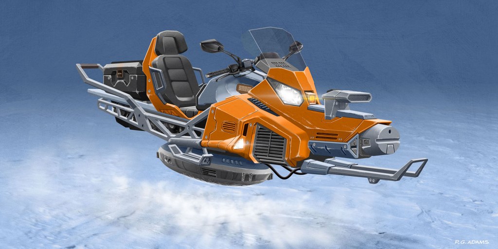 A futuristic orange hovercraft designed for snowy terrain, featuring two seats and a sleek, aerodynamic body with various mechanical details.