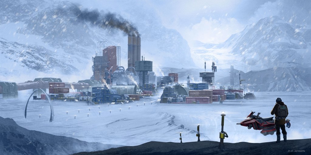 A snowy landscape featuring a mountainous backdrop and a futuristic industrial facility with smokestacks and machinery. A figure in winter clothing stands to the side, observing the complex, with a snowmobile nearby.