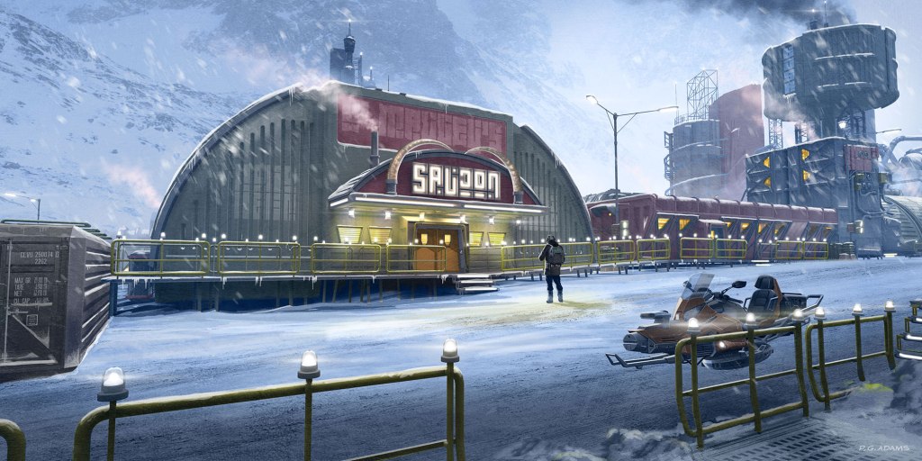 A snow-covered landscape featuring a large building labeled 'SALOON' with a person standing in front, and industrial structures in the background.