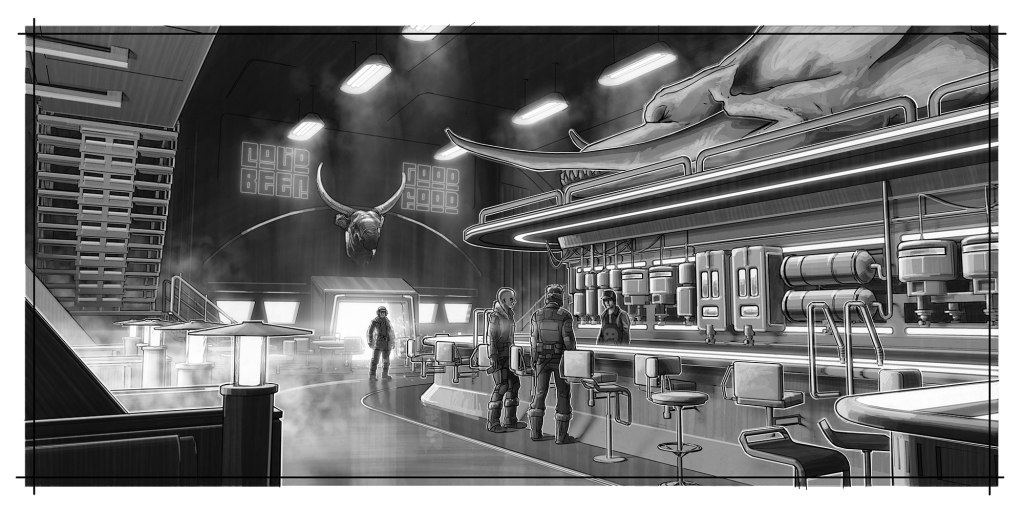 A monochrome illustration of a futuristic bar interior featuring a long counter with stools, a large skull decoration, and several characters interacting in a misty environment.