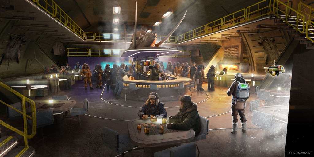 A futuristic underground bar scene with patrons in winter clothing, featuring a central circular bar and ambient lighting. The space is busy with people, showcasing high-tech elements and a cozy atmosphere.
