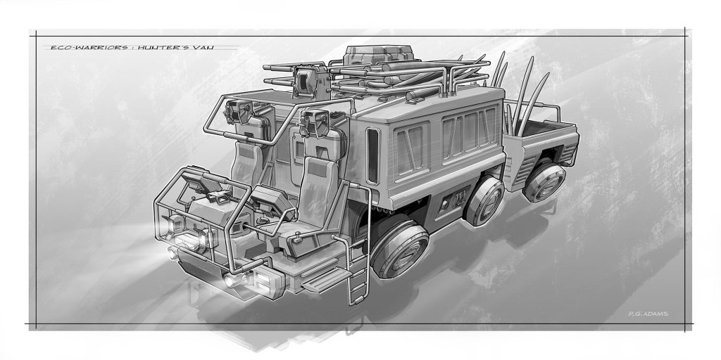 Concept art of a rugged vehicle designed for eco-warriors, featuring multiple seating positions and various attachments, including weapon-like structures and utility elements.