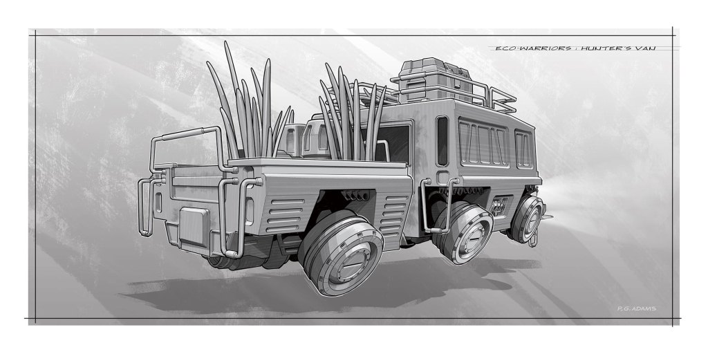 A conceptual sketch of a vehicle designed for eco-warriors, featuring a boxy structure with oversized wheels and decorative grasses on the back.