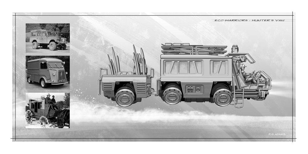 Illustration of a modern hunter's van with outdoor gear on the roof, accompanied by vintage vehicles including a classic jeep, a Citroen van, and a horse-drawn carriage.