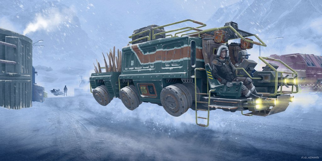 A futuristic vehicle designed for snowy landscapes, featuring oversized wheels and protective features. It is shown hovering above a snowy road, with a driver wearing winter gear, alongside a barren, icy backdrop and distant mountains.