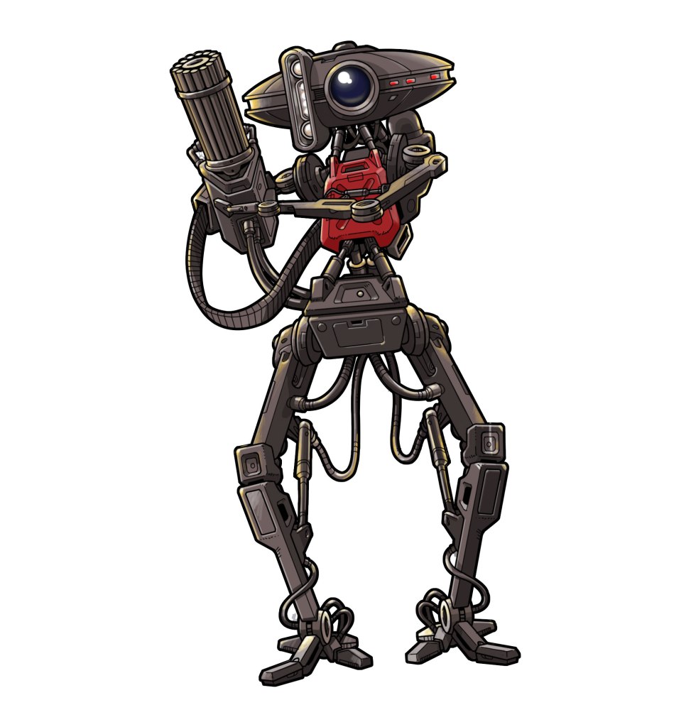 A humanoid robot character holding a large weapon. The robot features a rounded head with a single eye, a black and red color scheme, and multiple mechanical limbs with visible wiring.