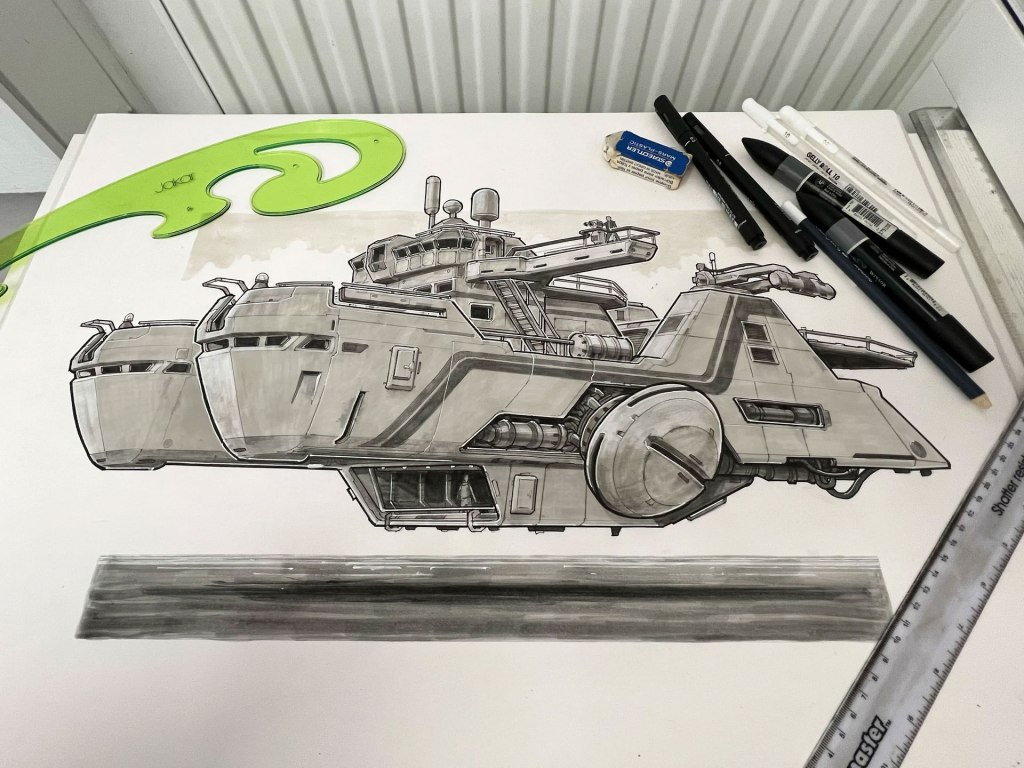 A detailed sketch of a futuristic spaceship with various mechanical features, surrounded by drawing tools such as pens and a ruler on a tabletop.