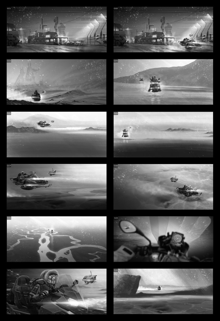 A series of monochromatic storyboard panels depicting futuristic vehicles exploring desolate landscapes in a snowy and icy environment.