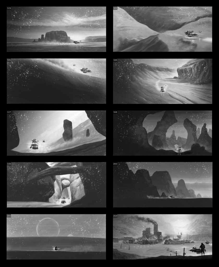 A series of black and white sketches depicting a futuristic landscape with various vehicles traversing terrains, including mountains, valleys, and rocky formations.