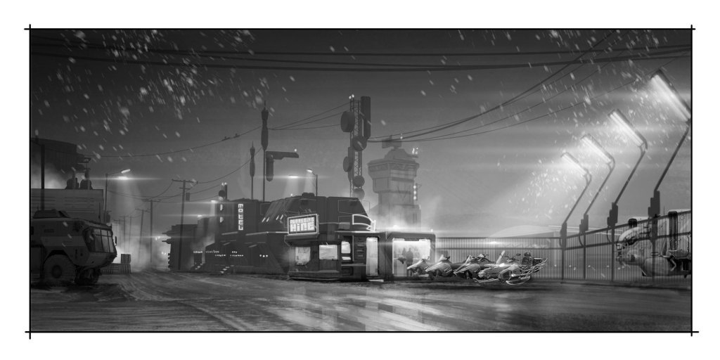 A monochromatic cityscape featuring futuristic structures and vehicles, with snow falling in the foreground and bright lights illuminating the scene.