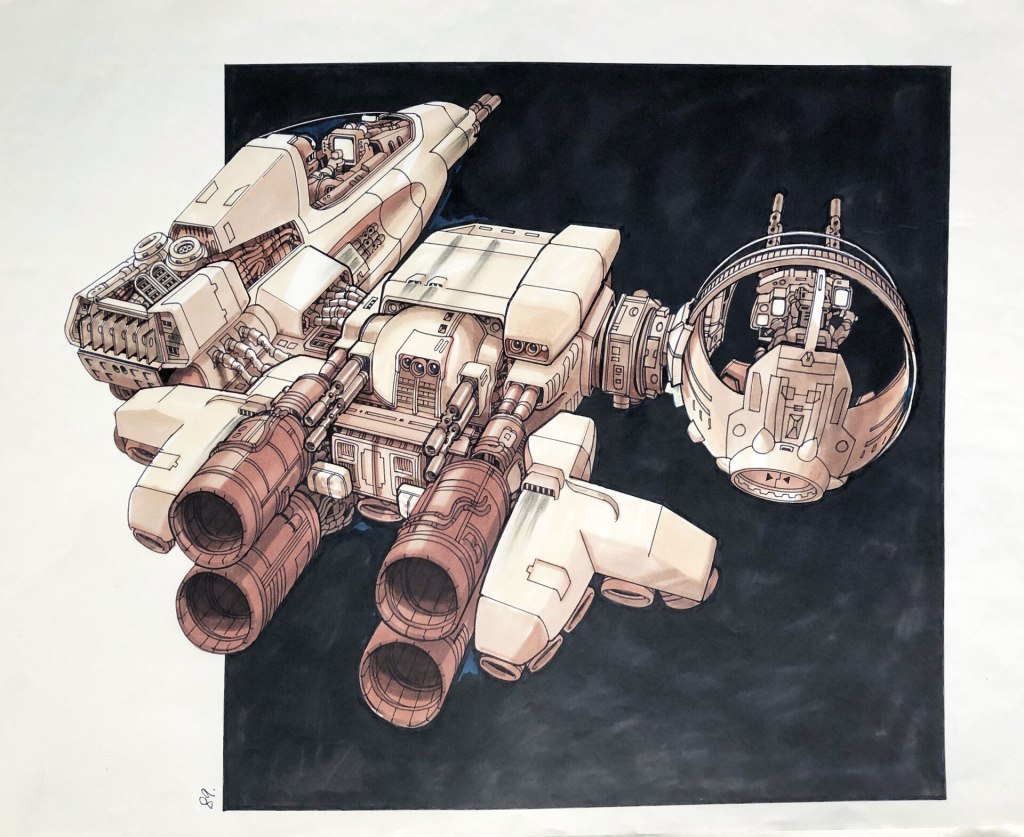 A detailed illustration of a futuristic spacecraft, featuring multiple engines, intricate machinery, and a spherical cockpit, all set against a dark background.