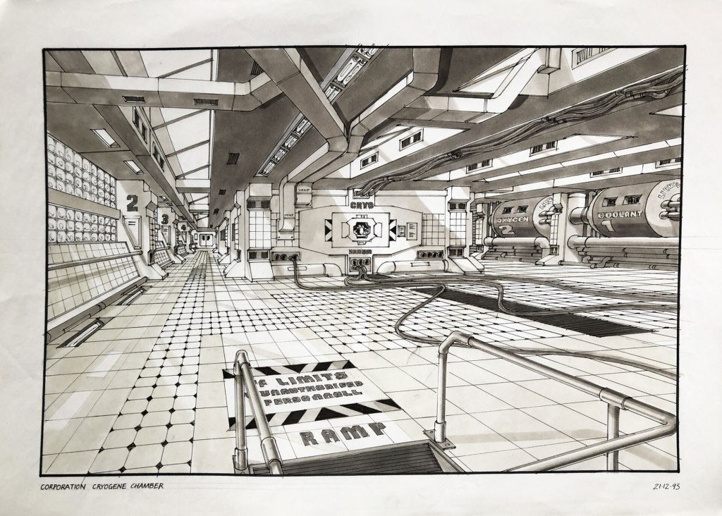 A detailed illustration of a futuristic cryogen chamber interior, featuring a large corridor with numbered sections and various machinery, including oxygen and coolant tanks. The floor is tiled in a checkered pattern, and a sign indicating a restricted ramp is visible in the foreground.