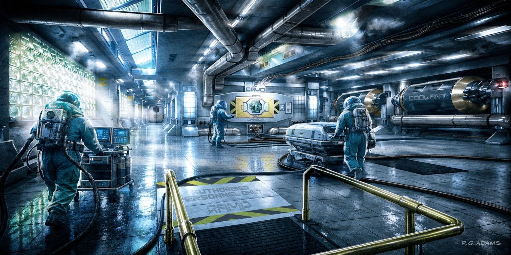 A futuristic laboratory setting featuring two individuals in protective suits working with various equipment. One person is operating a console while another is near a container. The environment has metallic walls, pipes, and illuminated glass blocks, creating a sci-fi atmosphere.