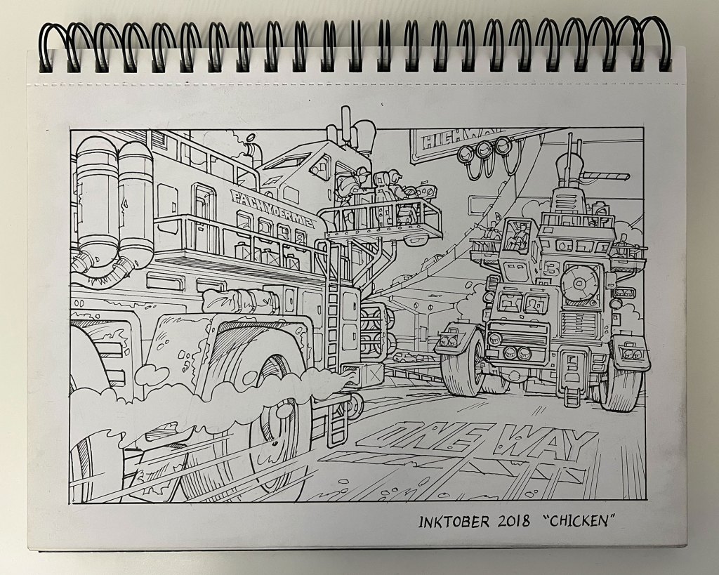 Line art illustration of a fire truck and an armored vehicle on a roadway, featuring a 'One Way' sign and traffic lights. The drawing includes details of smoke and a highway sign.