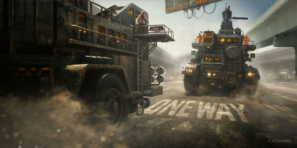 A futuristic armored vehicle approaching a one-way sign on a dusty urban road, with a large truck and workers in orange uniforms in the foreground.