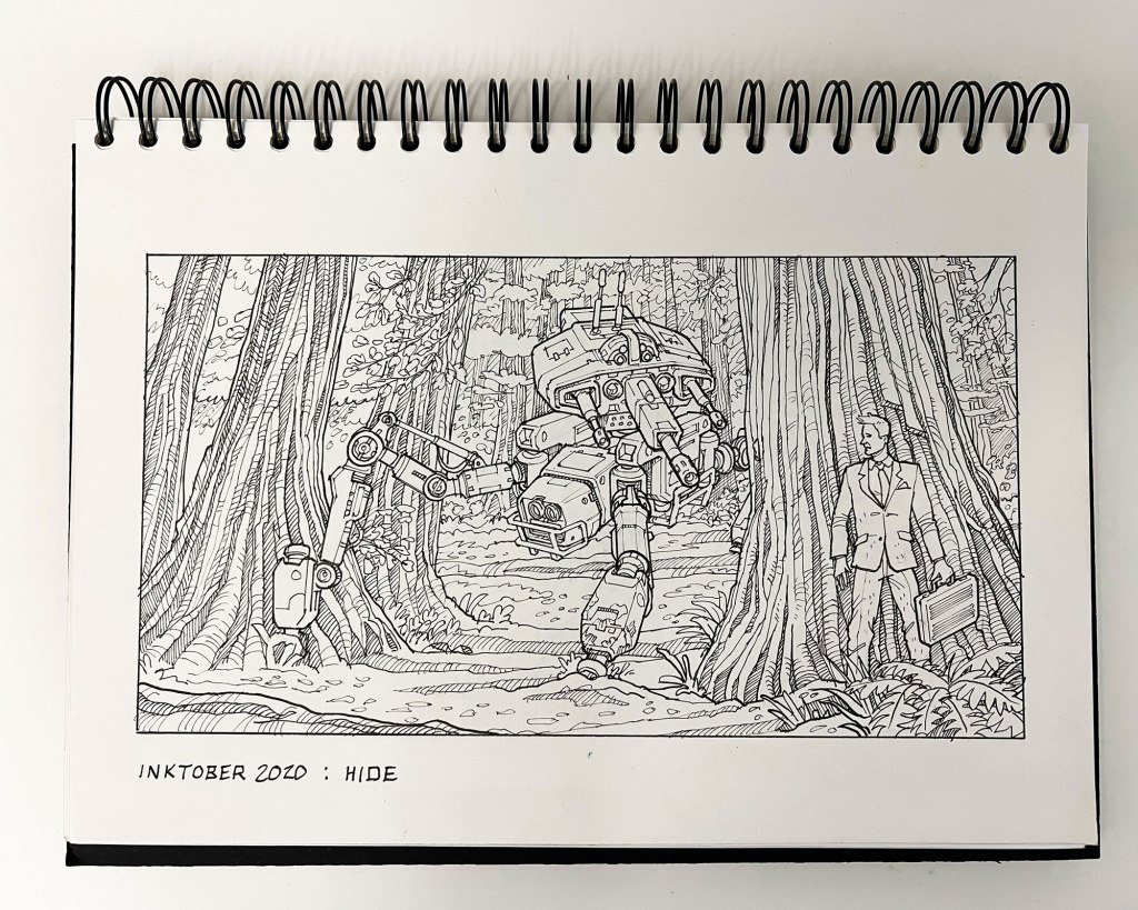 A detailed line drawing of a robot hiding among large trees in a forest, with a man in a suit standing nearby holding a briefcase.