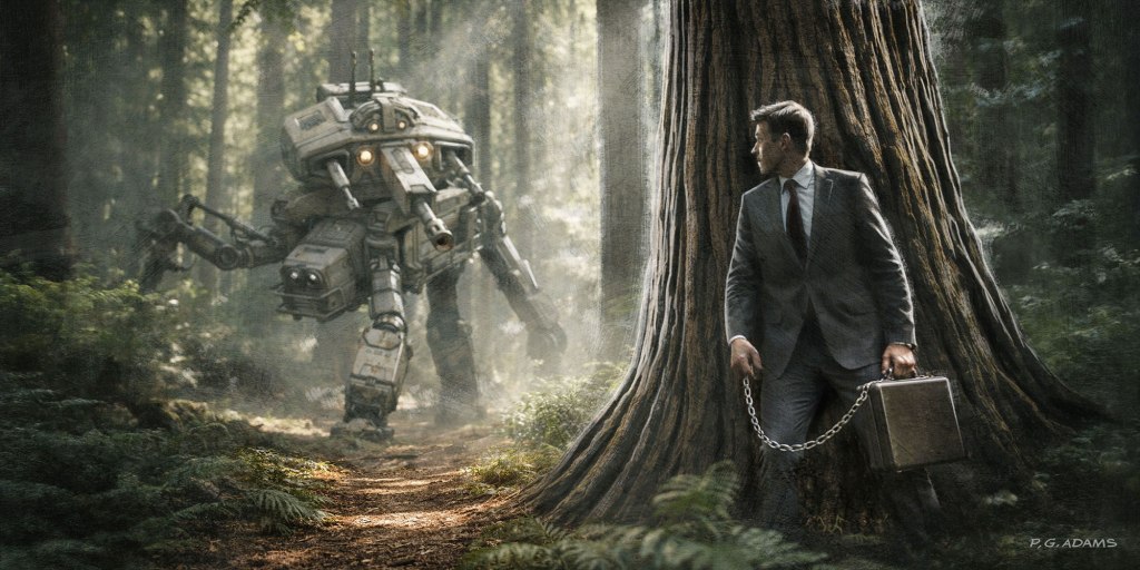 A man in a suit hides behind a large tree in a forest, looking at a humanoid robot approaching, while holding a briefcase attached to a chain.