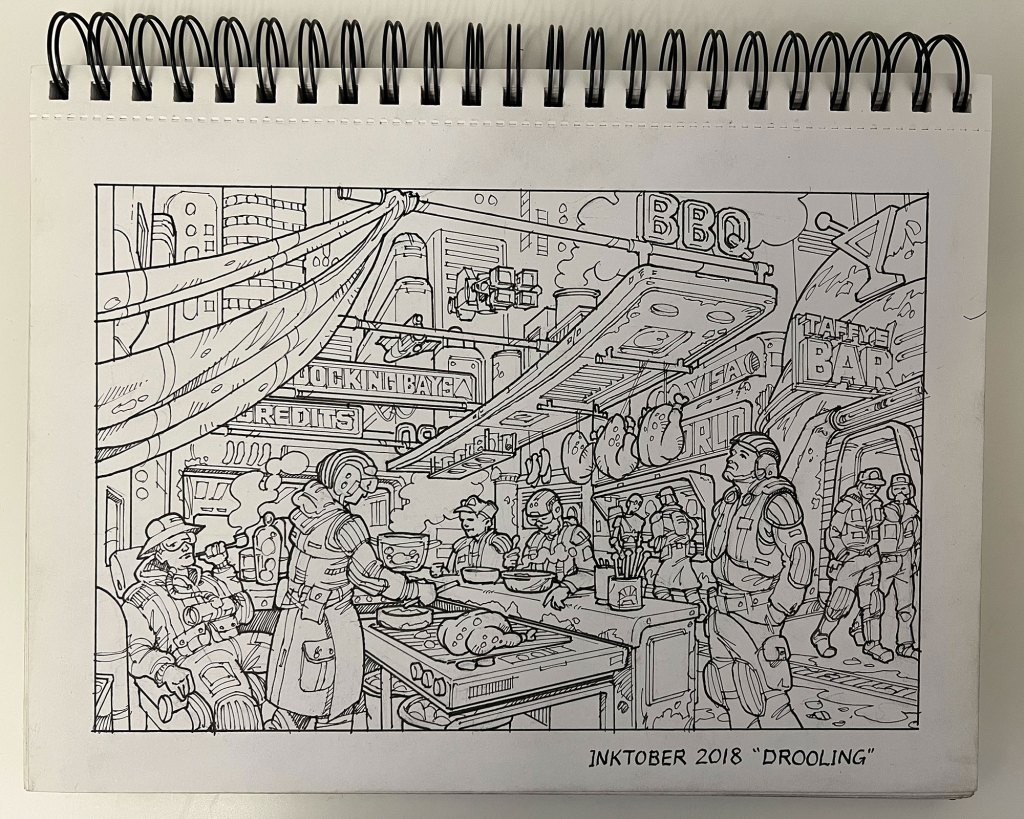 A detailed black and white illustration of a bustling sci-fi market scene featuring characters in futuristic attire, food stalls with signs like 'BBQ' and 'Taffy Bar', and various patrons interacting in a lively atmosphere.