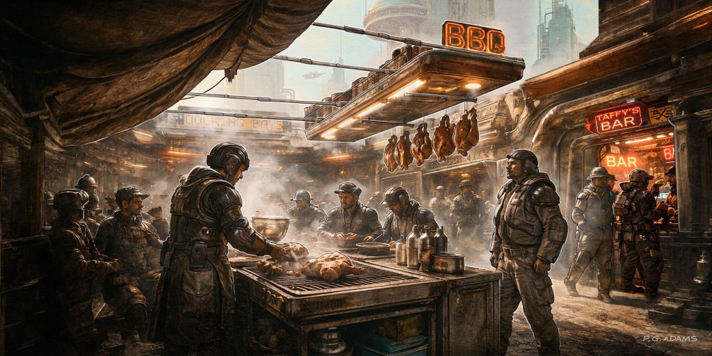 A futuristic BBQ restaurant scene filled with soldiers and patrons in a bustling market. The grill is busy with food preparation, and a sign displaying 'BBQ' hangs above. The atmosphere is lively, with a bar named 'Taffy's Bar' visible in the background.