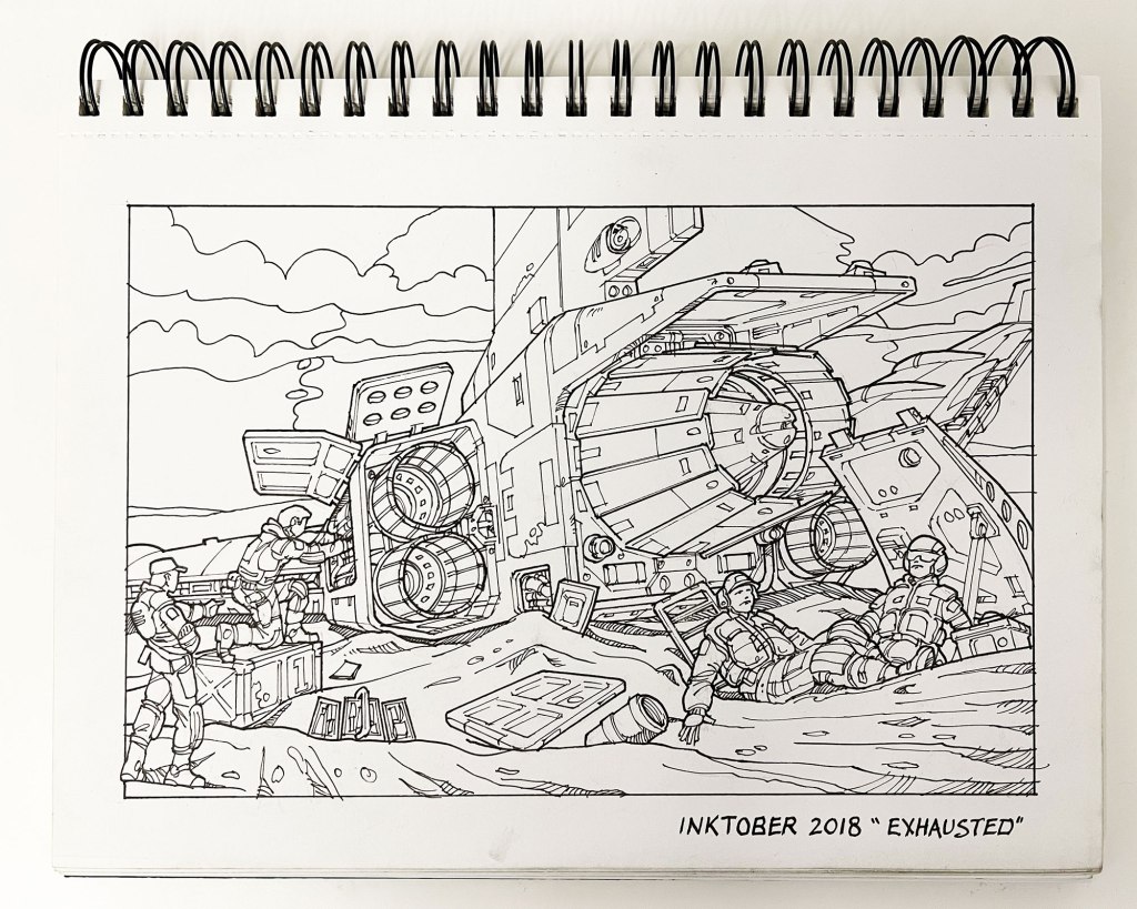 Line art illustration depicting a futuristic scene with a damaged spacecraft. Two astronauts are working on the ship, while two others sit nearby looking exhausted. The background features clouds and distant terrain.