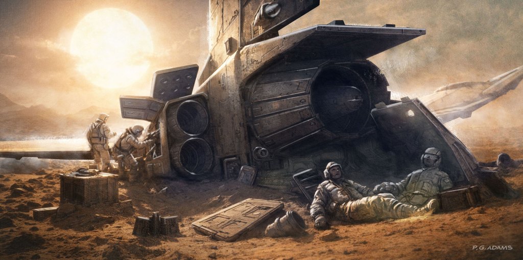 A desolate alien landscape featuring a damaged spacecraft with astronauts engaged in repair work under a large sun.
