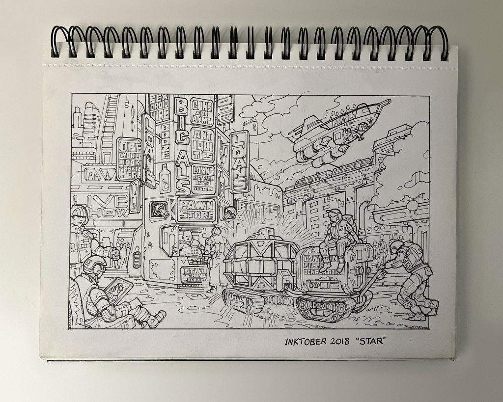 A detailed line drawing depicting a futuristic city scene with neon signs, including a pawn store and various shops. Characters in science fiction attire are interacting with a hovercraft and a cargo vehicle while others appear to be engaged in leisure activities.