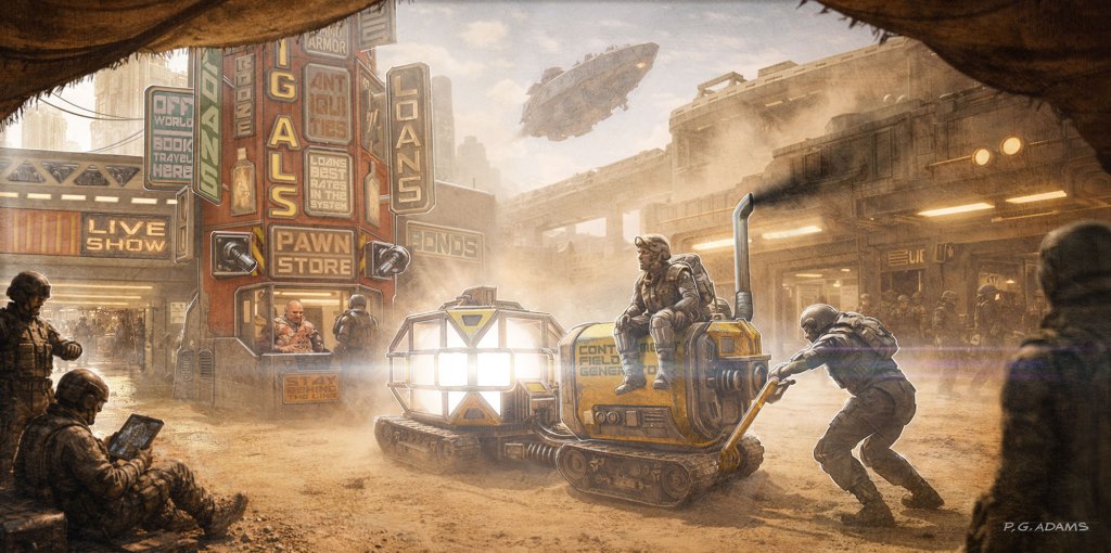 A dusty, futuristic marketplace with various signs for businesses like a pawn shop and live shows. Two figures are working on a small, mechanized vehicle, while others are scattered around, some seated and using devices. A spaceship hovers above in the background.