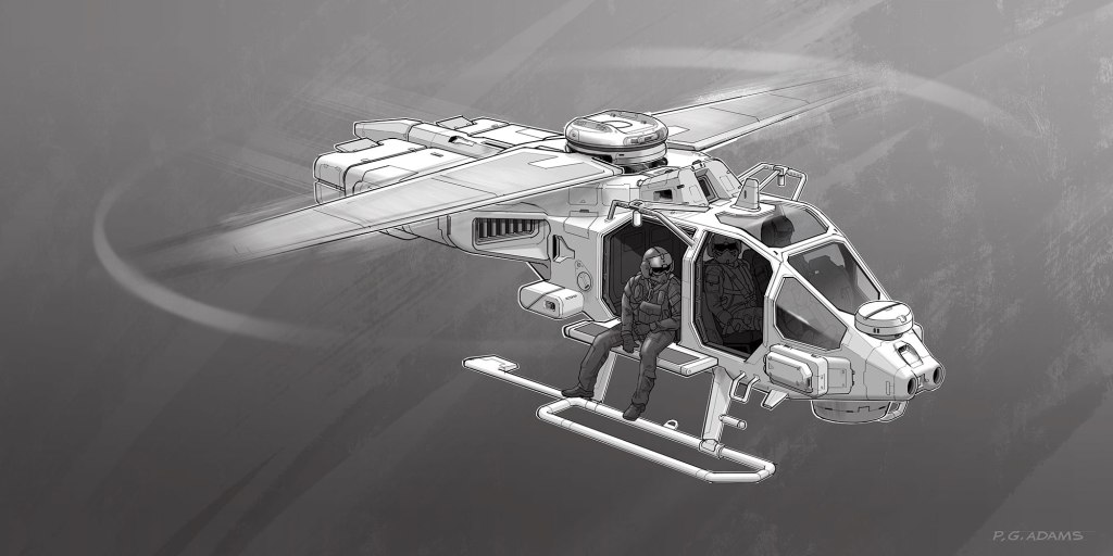 An illustrated design of a military helicopter with a pilot sitting in the cockpit, set against a gray background.