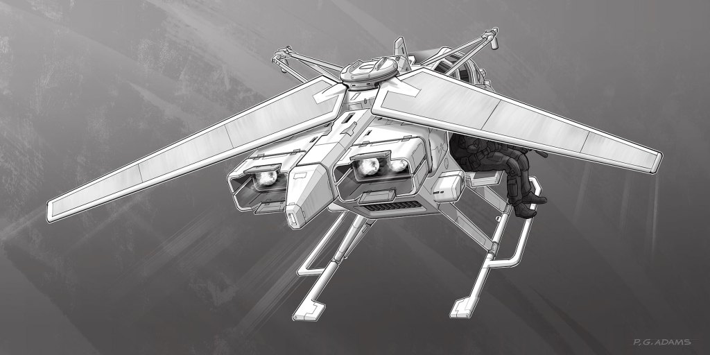 A futuristic concept design of a flying vehicle resembling a helicopter with large, broad wings and a sleek body, set against a gray background.