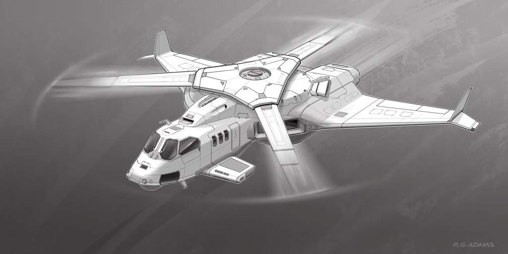 An artistic illustration of a futuristic hybrid aircraft with four rotor blades and a sleek fuselage design, shown against a gray background.