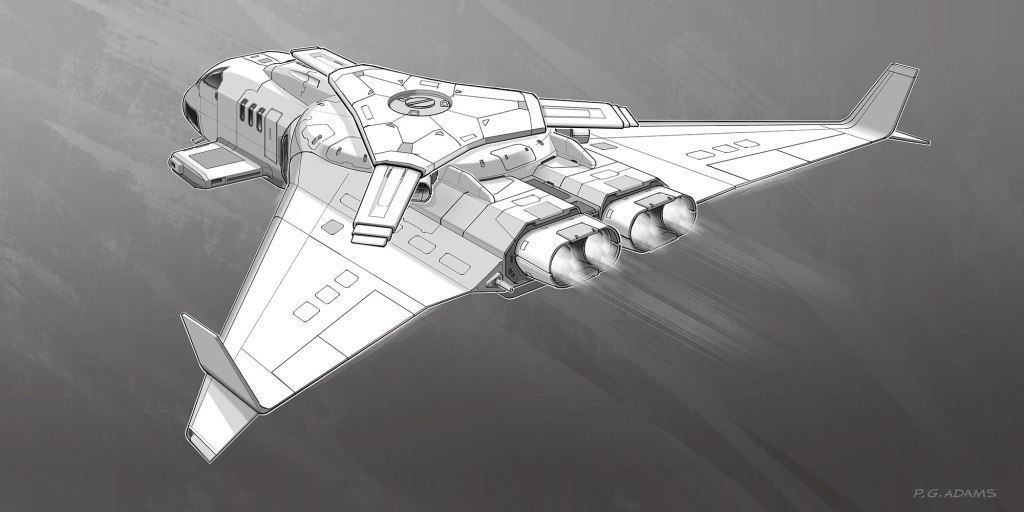 A futuristic spaceship design with a streamlined body, three rear engines, and angular wings, depicted in a monochromatic illustration.
