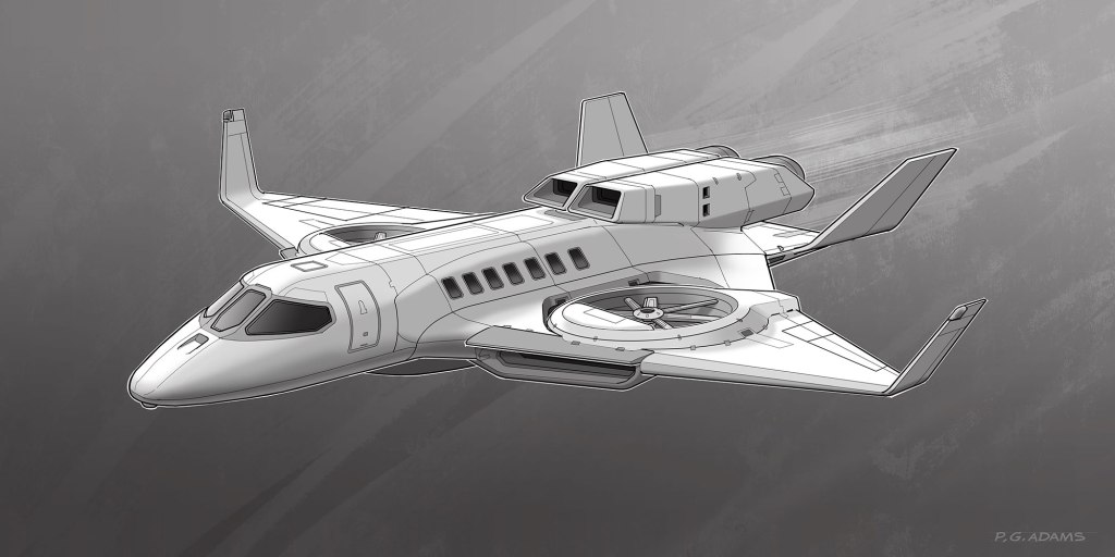A concept design of a futuristic aircraft with sleek lines, featuring a hybrid design that includes both jet and rotor capabilities.