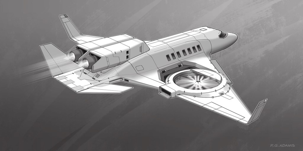 Concept artwork of a futuristic aircraft design, featuring dual engines and a unique circular rotor on the underside, rendered in a sleek monochrome style.