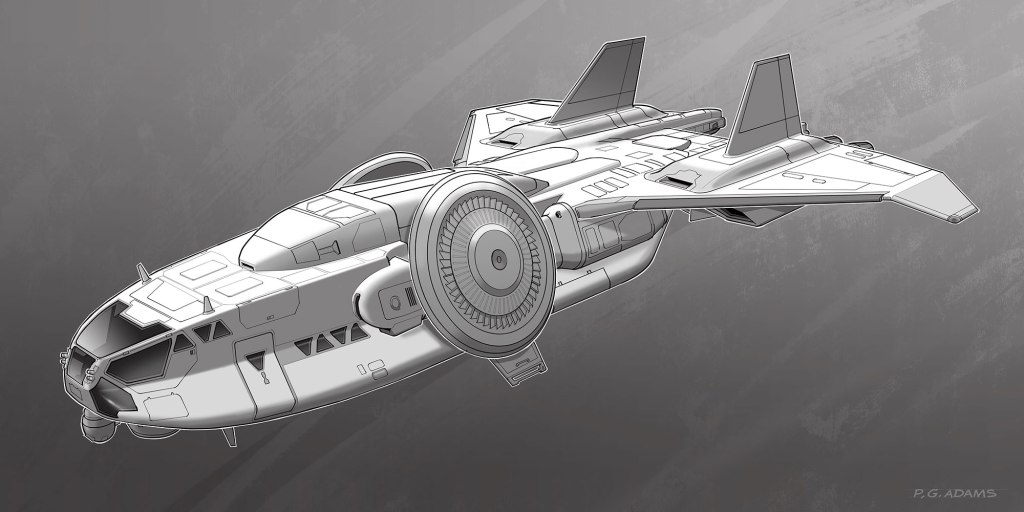 A detailed illustration of a futuristic spaceship, featuring sleek lines, prominent wings, and a large engine at the rear, set against a gray background.
