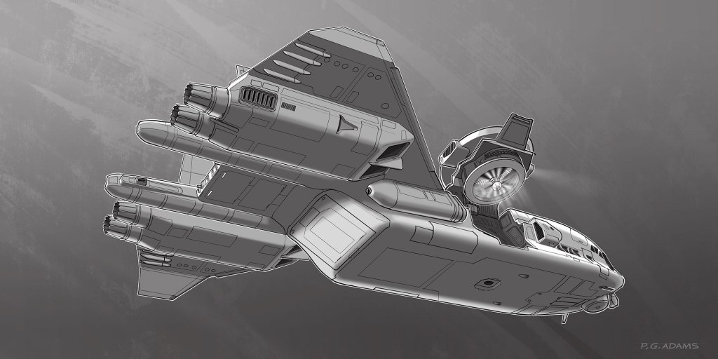 An illustration of a futuristic spacecraft with various engines and a sleek design, viewed from a low angle against a gray background.
