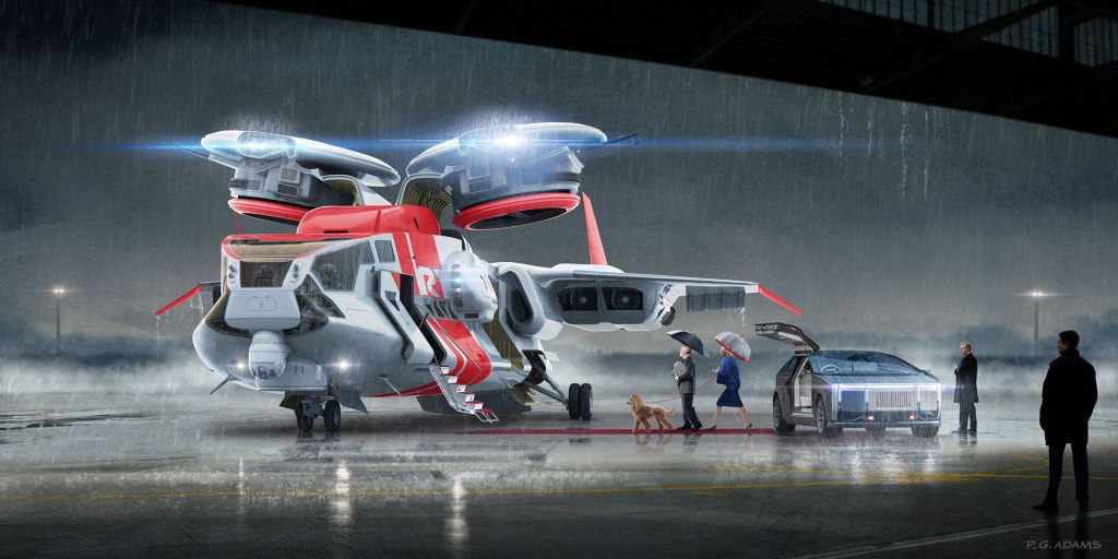 A futuristic hybrid aircraft landing in the rain, featuring sleek design and advanced technology, while people and a dog prepare to board.