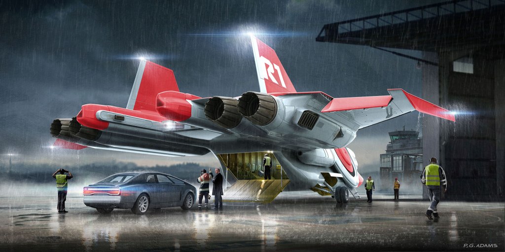 A futuristic aircraft with red and white design is being boarded on a rainy airport tarmac, while people in reflective vests observe the scene and a car is parked nearby.